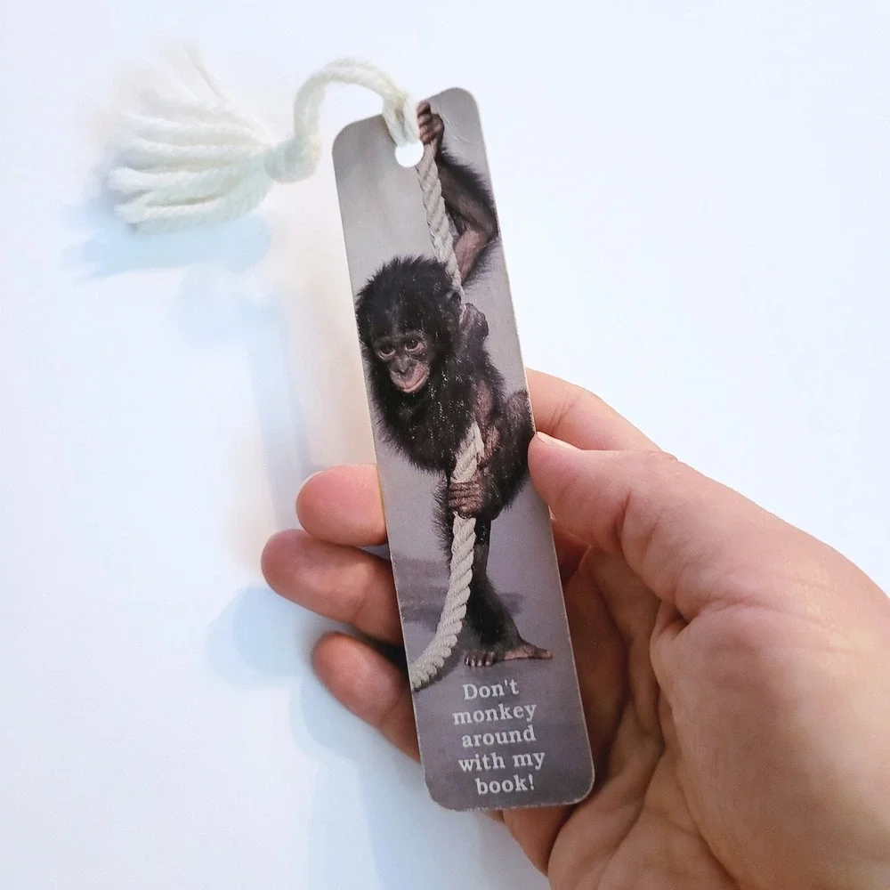 Vintage 80s Chimpanzee Bookmark yarn tassel Monkey, 1987 Antioch Sunshine H-1025